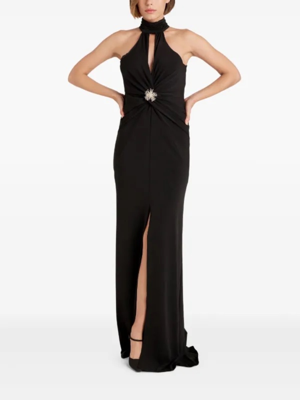 cinq a sept Black Halter Sandry Maxi Gown with Center Jewel Embellished Detail